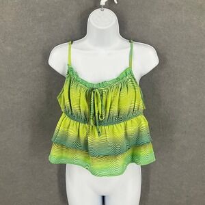 Wild Fable Green Wave Print Ruffle Tiered Babydoll Cami Top XL‎ Tie Front NEW